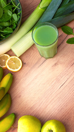 Fruits and vegetables for smoothies on a wooden background. Background with space for textの写真素材