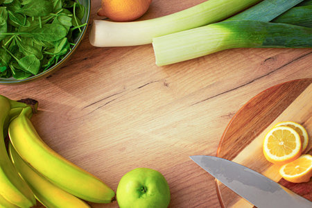 Fruits and vegetables for smoothies on a wooden background. Background with space for textの写真素材