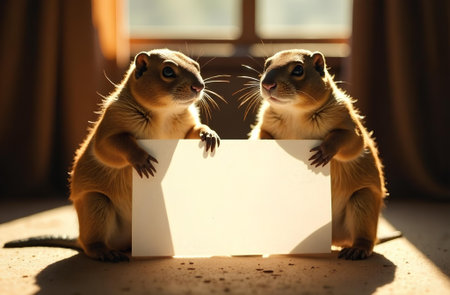 Two marmots hold a blank sheet of white paperの素材