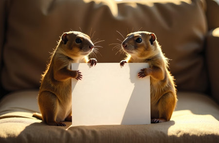 Two marmots hold a blank sheet of white paperの素材