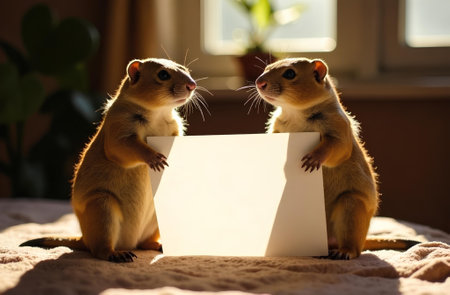 Two marmots hold a blank sheet of white paperの素材
