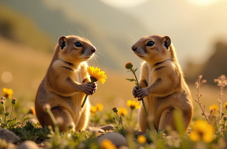 Two marmots stand in a field with flowers in their handsの素材