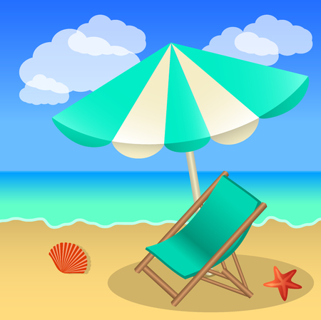 Rest on the beach, beach umbrella, sun lounger, sand and sea for decoration banner, flyer, booklet. Vector illustration.のイラスト素材
