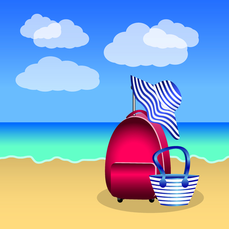 Pink red suitcase, beach bag and hat with blue stripes on the beach. Vector illustration.のイラスト素材