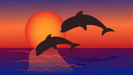 Dolphins jump into the sea against the background of yellow red sunset for tourist booklets, postcards, Souvenirs, magnets. Vector illustration.のイラスト素材