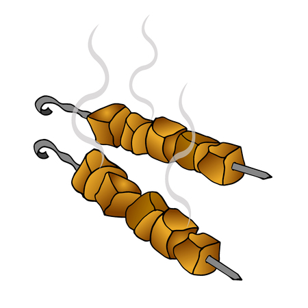 Delicious fried meat on skewers on a white background. Vector illustration of a barbecue.のイラスト素材