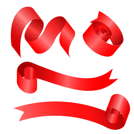Red satin ribbons isolated on a white background are used as decoration elements of banners. leaflets, brochures. Vector illustration.のイラスト素材