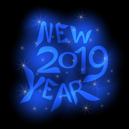 Festive glowing blue new year inscription On black background with shimmer. Vector illustration.のイラスト素材