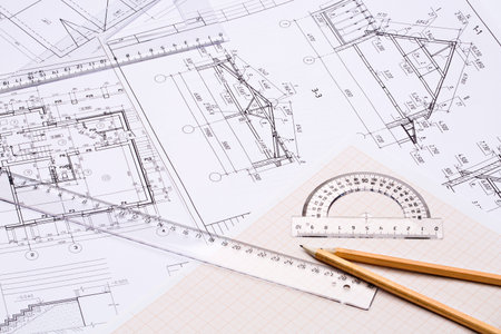 Workplace of architect. Architectural design, sketch, drawing paper, drawings, simple pencil,...