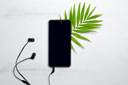 Mobile phone with headphones with green tropical palm leaf on white wooden background. Free copy space for text. Top view. Flat lay.の写真素材