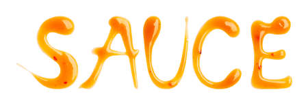 Word SAUCE from Chili sauce isolated on a white background. Close up, top view.の写真素材