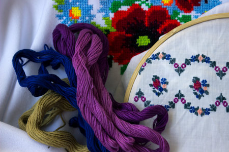 Embroidered women's shirt in Ukrainian style, special threads for embroideryの写真素材