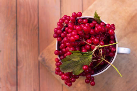 Red viburnum berries in a cup, on a wooden background. Useful medicinal berries.の写真素材