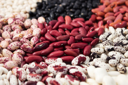 Different types of beans, background. Lots of white, red, black and colorful beans, background....
