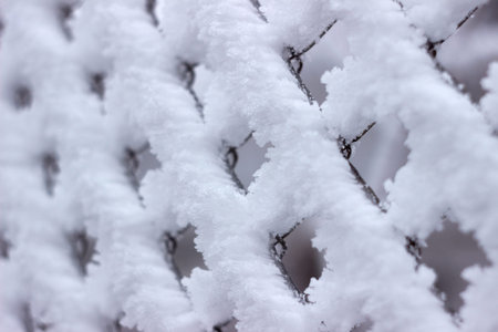 Snow on a chain-link fence. Blurred background, Winter concept