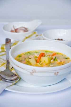 Gazpacho and ingredients on a table, vegetable soupの写真素材