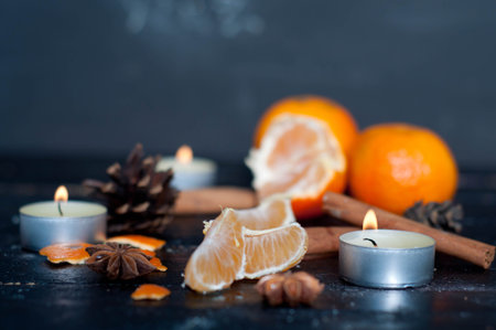 Christmas still life with tangerine and candy caneの写真素材