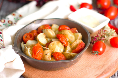 Baked potatoes  and tomatoes on  Wooden background.