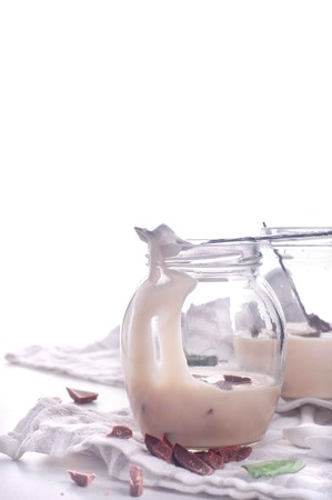 Chocolate dessert with whipped cream on a white backgroundの写真素材