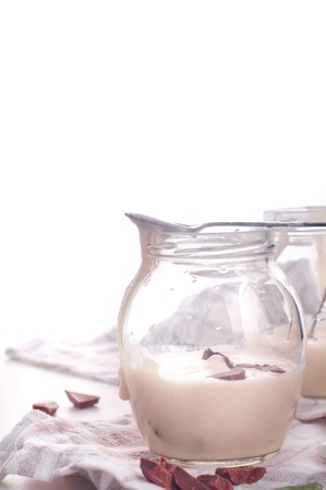 Chocolate dessert with whipped cream on a white backgroundの写真素材