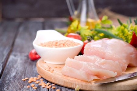 Ingredients for lentil stew with chicken and vegetablesの写真素材