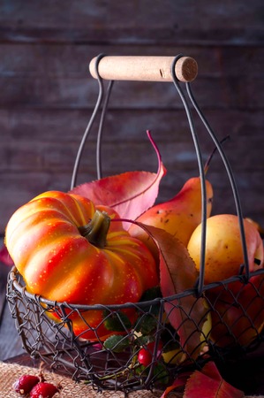 Autumn leaves on wooden table. Fruits and vegetables, apple, pear, pumpkinの写真素材