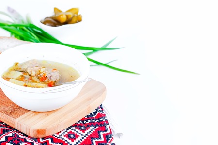 Soup with pickled cucumbers and beans in Ukrainian styleの写真素材