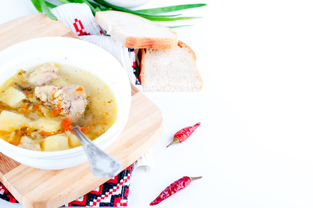 Soup with pickled cucumbers and beans in Ukrainian styleの写真素材