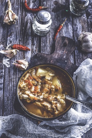 Cabbage soup with sour cream. Russian traditional dish. Tonned photoの写真素材