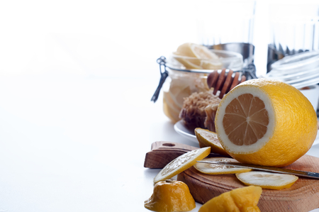 Honey, lemon and ginger tonic and ingridientsの写真素材