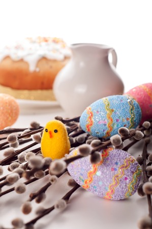 Easter Egg  hanging from a Pussy Willow Branchの写真素材