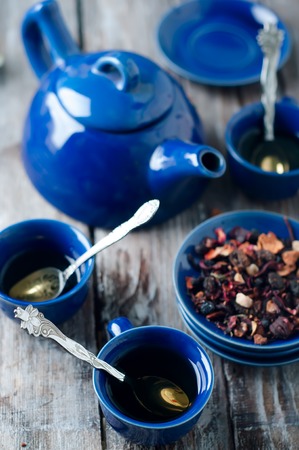 Tea set, herbal tea and cookies Savoiardiの写真素材