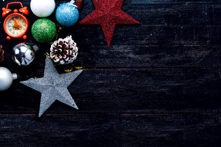 Christmas gift box, food decor and fir tree branch on wooden table. Top view with copy space