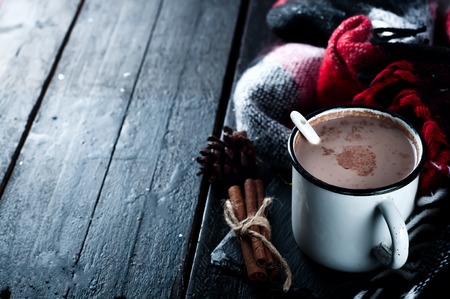 Cocoa drink with marshmallows and red blanket. christmas themeの写真素材