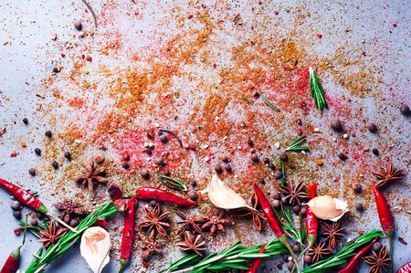 Herbs and spices over gray stone background. Top view with copy spaceの写真素材