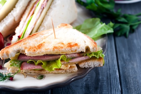 Club sandwich with sausage and tomato on a plate on a gray background woodenの写真素材