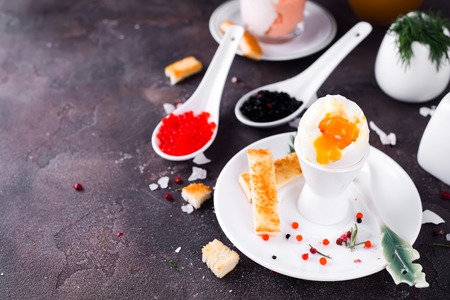 delicious breakfast with boiled eggsの写真素材