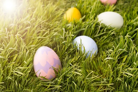 decorated easter eggs in the grassの写真素材