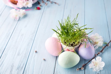 Easter egg on grass in a white ceramic flowerpot. Easter decorations.の写真素材