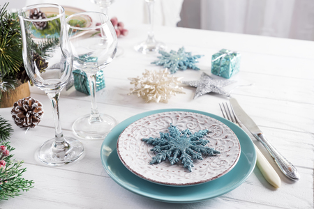 Table served for Christmas dinner in living room,の写真素材