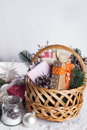 Christmas Gifts on Wooden Background.の写真素材