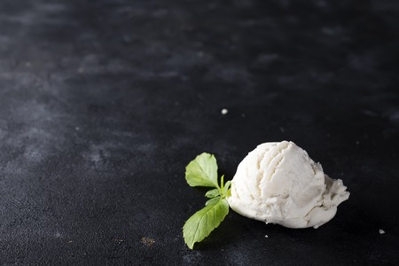 vanilla ice cream ball with green leaves on darkの写真素材