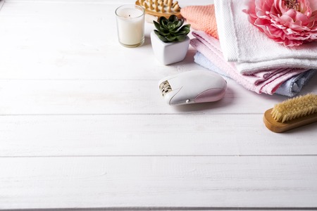 epilator with bath accessories on white background.の写真素材