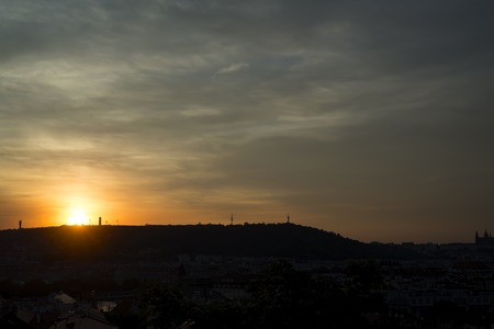 Prague old town square at sunset, Aerial view of Prague Old Town with amazing sunset sky in backgroundの写真素材