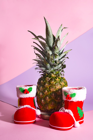 Cool Christmas card. Christmas Santa's boot with pineapple on duotone background with copy spaceの写真素材