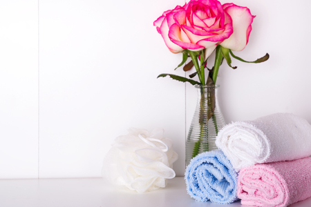 Composition with spa cosmetic and brush for body, The concept of facial and body care at home.の写真素材