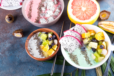 Breakfast green yogurt bowl toppedの写真素材