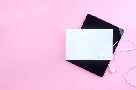 Branding identity mockup. Presentation tablet, envelope, letterhead, business and invitation cards at pink paperの写真素材