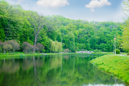 Landscape in city park with lake, Getaway for urbanitesの写真素材