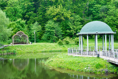 Pavilion at the pier, spring scenery after the rain, lake constance, ukraine